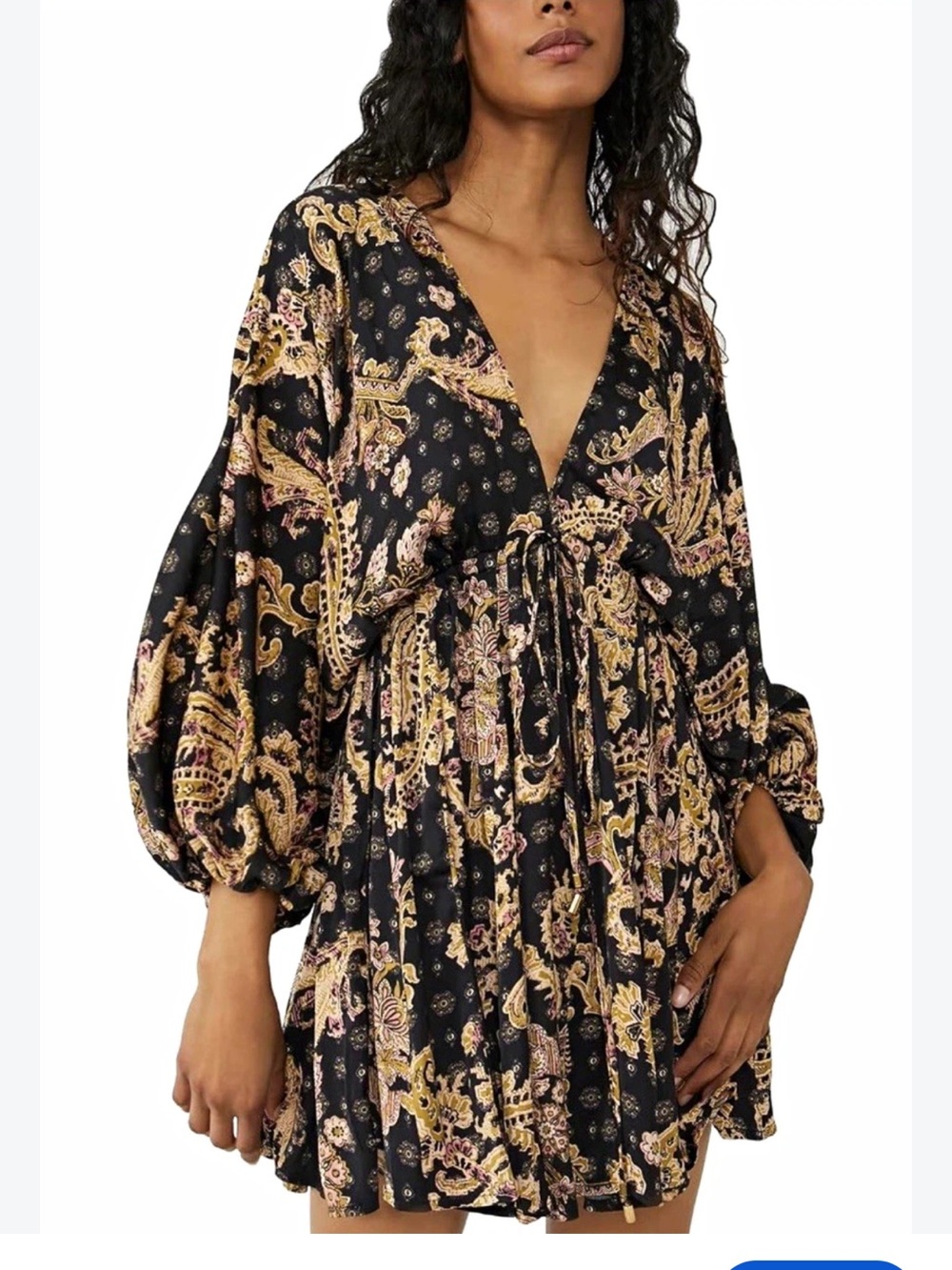 Free People Arzel Mini Dress Black Combo Paisley Boho Long Sleeve Size M